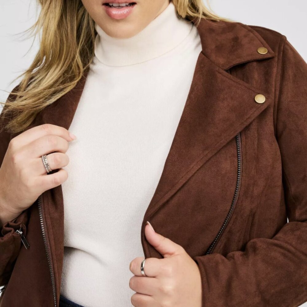 TORRID POTTING SOIL BROWN FAUX SUEDE MOTO JACKET 3 3X XXXL 22 24 - Picture 3 of 5
